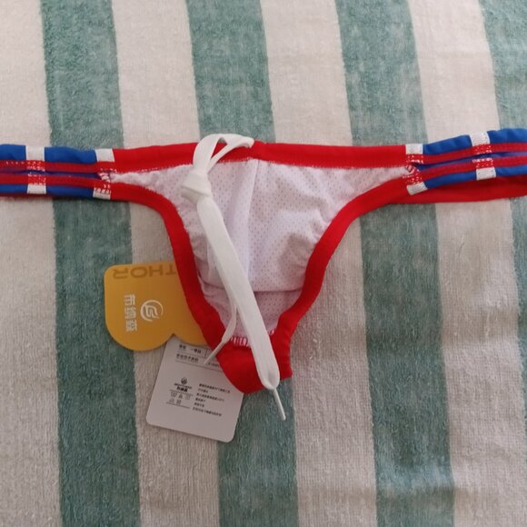 NWT BOYTHOR RED/WHITE/BLUE T-BACK SWIMSUIT, SIZE "L" (32"-34") - Picture 5 of 6